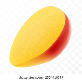 Half of a fresh juicy mango tropical fruit. Exotic mango fruit isolated on transparent background. Summer tropical vitamin food. Realistic 3d vector illustration