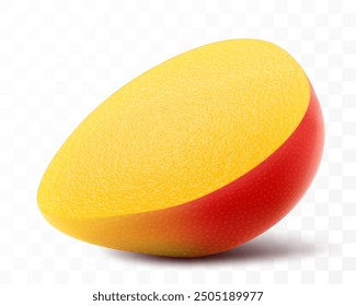 Half of a fresh juicy mango tropical fruit. Exotic mango fruit isolated on transparent background. Summer tropical vitamin food. Realistic 3d vector illustration