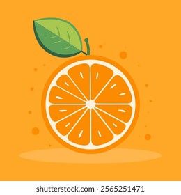 Half of fresh orange fruit with leaf. Vector flat illustration