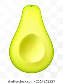 Eine halbe frische Avocado, einzeln auf transparentem Hintergrund. Frisches Obst Avocado für gesunde Ernährung. Realistische 3D-Vektorgrafik.