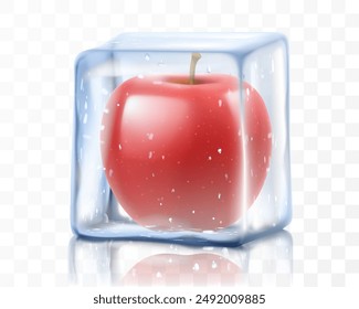 Half of fresh ripe apple in ice cube isolated on transparent background. Frozen red apple realistic 3d vector illustration