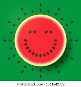 Half of fresh ripe watermelon with happy funny smiling face made from seeds on red surface, over green background. Concept of healthy organic food, raw food diet, cheerful positive dieting