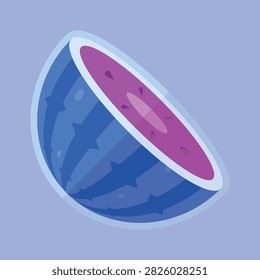 Half frozen watermelon cross section with frosty icy red flesh, scattered seeds and green striped rind, chilled summer fruit flat vector illustration.