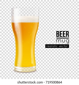 Half full beer mug with cold refreshing drink inside and white froth realistic vector illustration with text isolated on transparent background