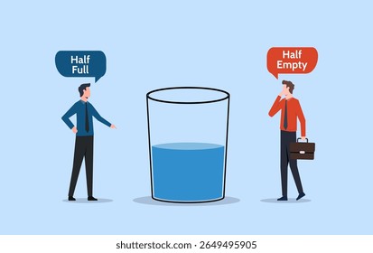 Meio cheio e meio vazio, a perspectiva ou atitude da pessoa descreve otimismo e pessimismo. Perspectivas positivas ou negativas 