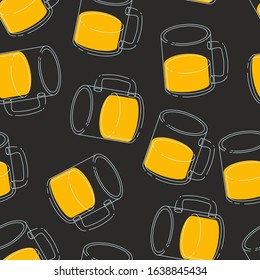 Half full glass of cold light yellow beer with a handle. Cute minimalistic cartoon drawing of a mug with an alcoholic drink. Seamless background with pattern.