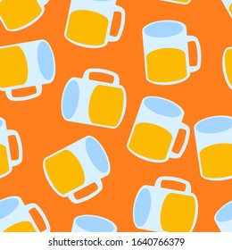 Half full glass of cold light yellow beer with a handle. Cute minimalistic cartoon drawing of a mug with an alcoholic drink. Seamless background with pattern.