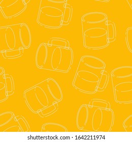 Half full glass of cold light yellow beer with a handle. Cute minimalistic cartoon drawing of a mug with an alcoholic drink. Seamless background with pattern.