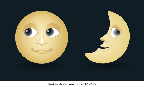 Half and full moon face vector emoji illustration isolated on dark background. Emoji set