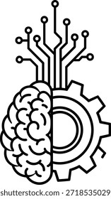 Half gear and half human brain with circuit board represents artificial intelligence and technology for machine learning with engineering solutions.