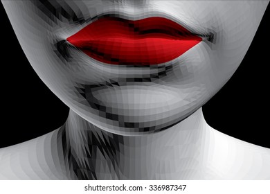 Half of the girl's face with bright red lips. 3D. Vector illustration. EPS 8.