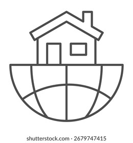 Metade do globo e casa com ícone de linha fina chaminé, conceito de trabalho remoto, mapa da Terra, vetor de casa sinal em fundo branco, ícone de estilo de contorno para conceito móvel e web design. Gráficos vetoriais