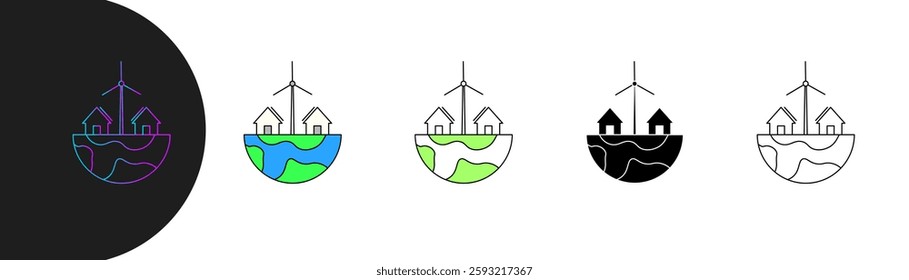 half globe icon with houses and wind turbines, symbolizing sustainable living, renewable energy and eco-friendly communities. includes style, gradient, colored, outline. editable stroke