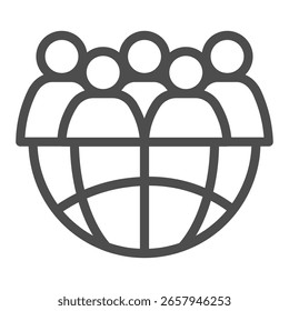 Metade do globo com pessoas ícone de linha de multidão, conceito de pesquisa de viajante. Gráficos vetoriais. Comunidade mundial, sinal de público no fundo branco, ícone de estilo de contorno para design móvel ou web