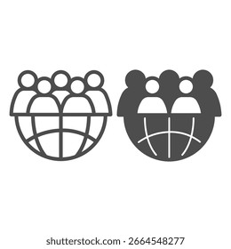 Half of globe with people crowd line and solid icon, traveler survey concept. Vector graphics. World community, audience sign on white background, outline style icon for mobile or web design