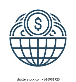 Half of globe plus coins vector icon in meaning Global Economy