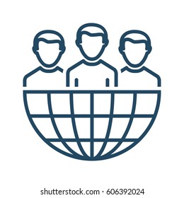 Half Globe plus Group of People vector icon in meaning Global Partnership