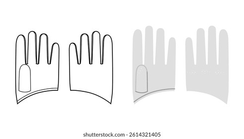 Half Gloves Short Mini length grey cartoon and mockup sketch Fashion hand accessory clothing technical illustration garment. Vector front palm back view for Men, women style flat template CAD outline
