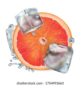 Half a grapefruit with ice cubes and water droplets