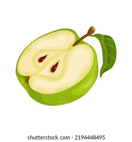 Half of a green apple with a leaf .Cartoon vector graphic.