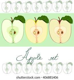 half of green apple, half of red apple and half of yellow apple vector set