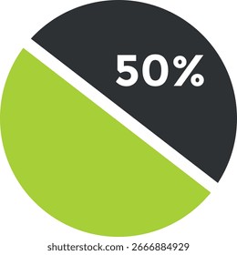 Half Green and Black Pie Chart with Fifty Percent Label for Statistics, Data Visualization, and Business Report Illustration