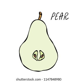 Half of Green Pear and Leaf. Fresh Fruit Nutrition Diet. Autumn or Fall Vegetable Harvest Collection. Realistic Hand Drawn High Quality Vector Illustration. Doodle Style.