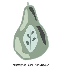 Half green pear with twig isolated on white background. Pear with seeds hand drawn in doodle style vector illustration.