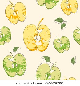 Half green and yellow apple prints. Juicy apples fruits. Seamless pattern background. Hand drawn line vector illustration. Pattern for modern design of fabric, wallpaper, stationery, textile, labels.