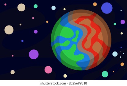 half a habitable planet and the other half is like hell on space background, space vector background flat illustration design.