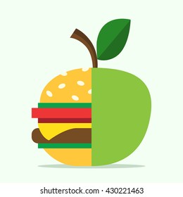 Half hamburger combined with apple. Food, healthy eating, lifestyle, fitness, health, fruit and diet concept. EPS 8 vector illustration, no transparency