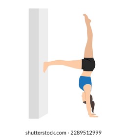 Half Handstand at Wall, Side Plank Variation Half Handstand at Wall. Woman practice Kapinjalasana, Vasisthasana Variation Hand To Toe Knee Bent. Flat vector illustration isolated on white background