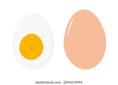 Half hard boiled egg with yolk and whole beige egg in shell Egg Day Greeting Design element concept