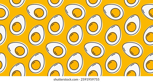 Half Hard boiled eggs Seamless Pattern on trendy yellow Minimalistic Egg Day Background Texture idea