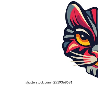 Meia cabeça de um gato à direita, estilo zentangle no fundo branco, espaço de cópia, ilustração vetorial desenhada à mão