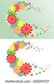 Half of the heart is flying in the wind. Bright background of colored flowers and ribbons. Flowers on a white background. Flowers on a green background.