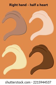 Half heart hand gesture icon. 4 colors of the skin of the right hand. Cartoon gesture of love vector icon for web design isolated on orange background.