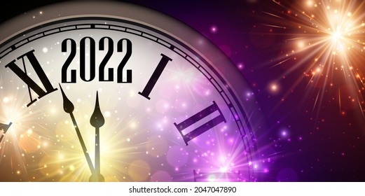 Half hidden clock showing 2022. Sparkling fireworks and bokeh lights background. Vector festive illustration.