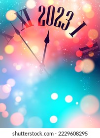Half hidden clock showing 2023 with colorful bokeh lights. Space for text.