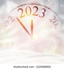 Halb versteckte Uhr 2023 mit Schnee und Schneefall. Platz für Text.