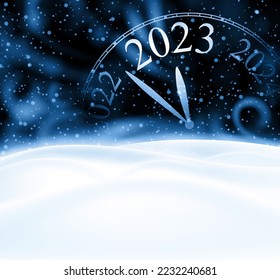 Half hidden clock showing 2023 on blue night background with snow and snowdrift. Space for text.