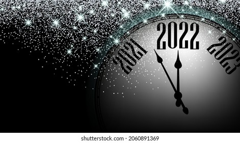 Halb versteckte goldene Uhr mit 2022. Shiny Sterne Lichter Konfetti. Vektorfestivals.