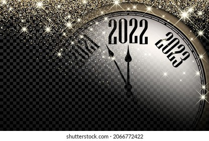 Medio reloj dorado oculto que muestra 2022. Stars confetti. Fondo transparente. Ilustración festiva vectorial.