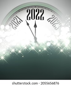Half hidden green new year clock showing 2022. Grey and green blurred background. Vector illustration.