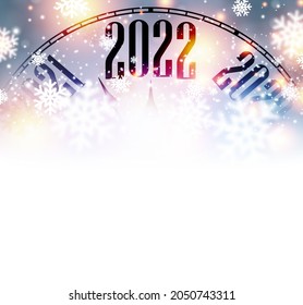 Half hidden new year clock showing 2022. Bokeh snowflakes background background. Vector illustration.