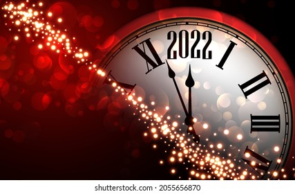 Half hidden red new year clock showing 2022. Starry path blurred background. Vector illustration.