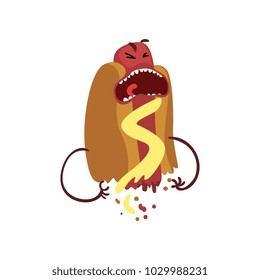 Half of hot dog screaming with horror, humanized fast food character with mustard vector Illustration
