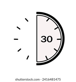 Half hour icon. Half-hour clock duration sign suitable for apps and websites design style. Vector Illustration.