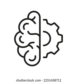Icono de línea de concepto de la mitad del cerebro humano y la mitad de la tecnología de engranajes. Inteligencia Artificial, Cog Wheel y Pictograma Lineal Cerebro. Stroke editable. Ilustración de vectores aislados.