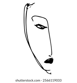 Half of a human face. Portrait, of a beautiful lady. Hand drawn linear doodle rough sketch. Black and white silhouette.